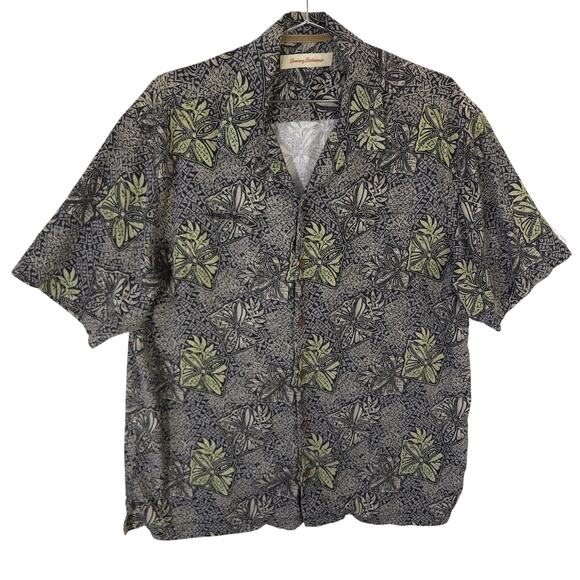 Tommy Bahama Shirt Mens L Geometric Floral 100% Silk Camp Short Sleeve Button Up - Picture 1 of 9